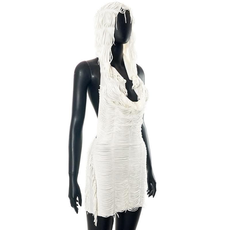 Textured solid hoodie cowl neck sleeveless backless tassels mini dress-final-sale