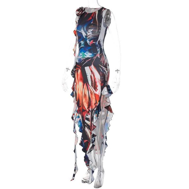 Ribbon sleeveless flower applique contrast print maxi dress-final-sale  | Festival Outfits Women
