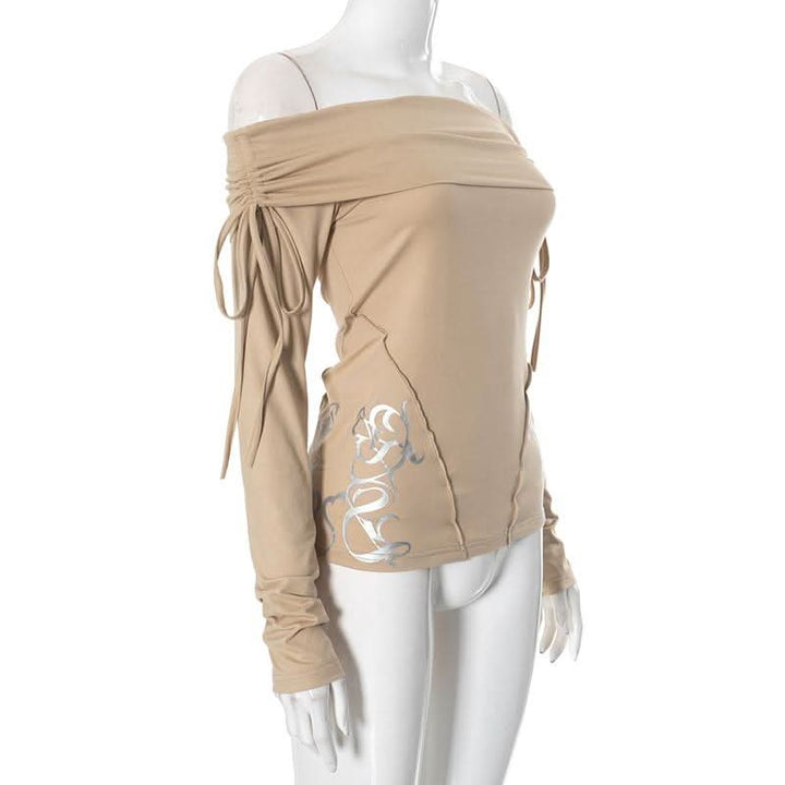 Long sleeve off shoulder ruched self tie stitch top  | Festival Outfits Women