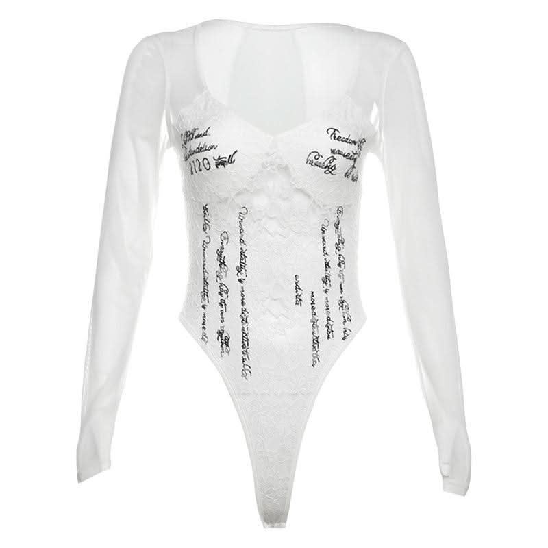 Long sleeve lace v neck letter print button bodysuit  | Festival Outfits Women-final-sale