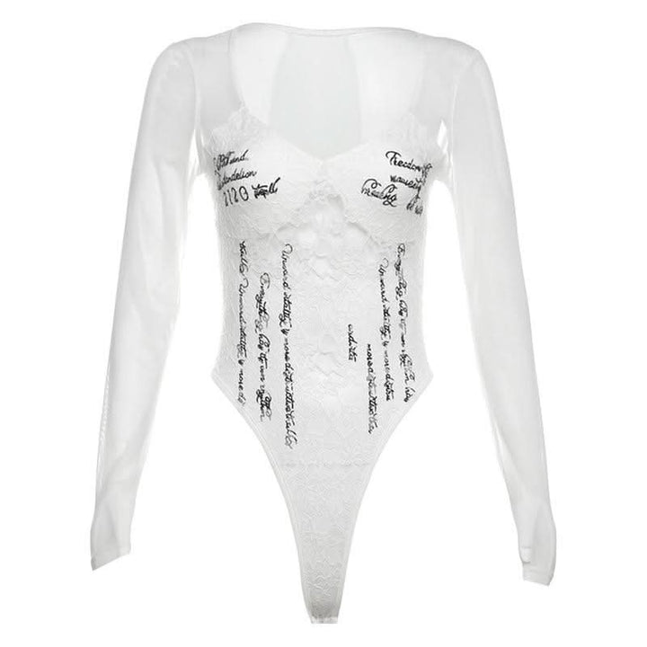 Long sleeve lace v neck letter print button bodysuit  | Festival Outfits Women-final-sale