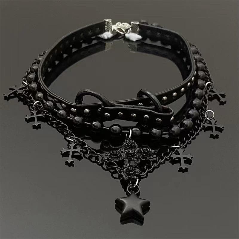 Cross star pendant beaded PU leather choker necklace  | Festival Outfits Women