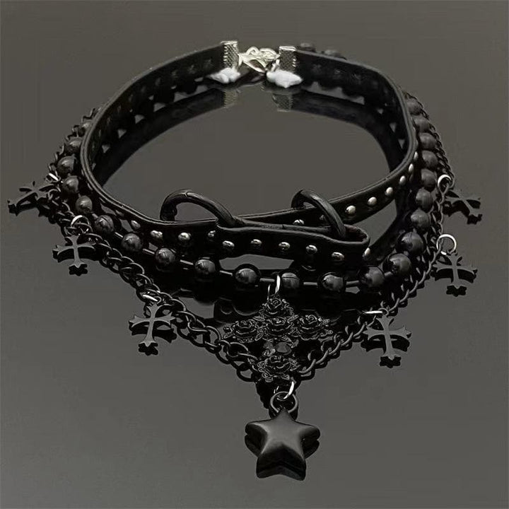 Cross star pendant beaded PU leather choker necklace  | Festival Outfits Women