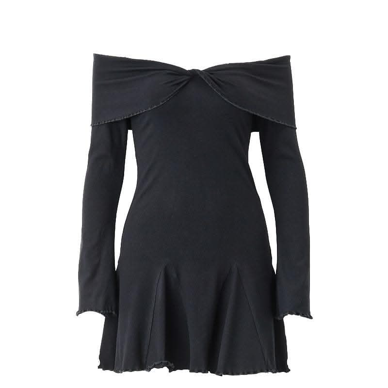 Long sleeve ruffle off shoulder solid ruched mini dress-final-sale  | Festival Outfits Women