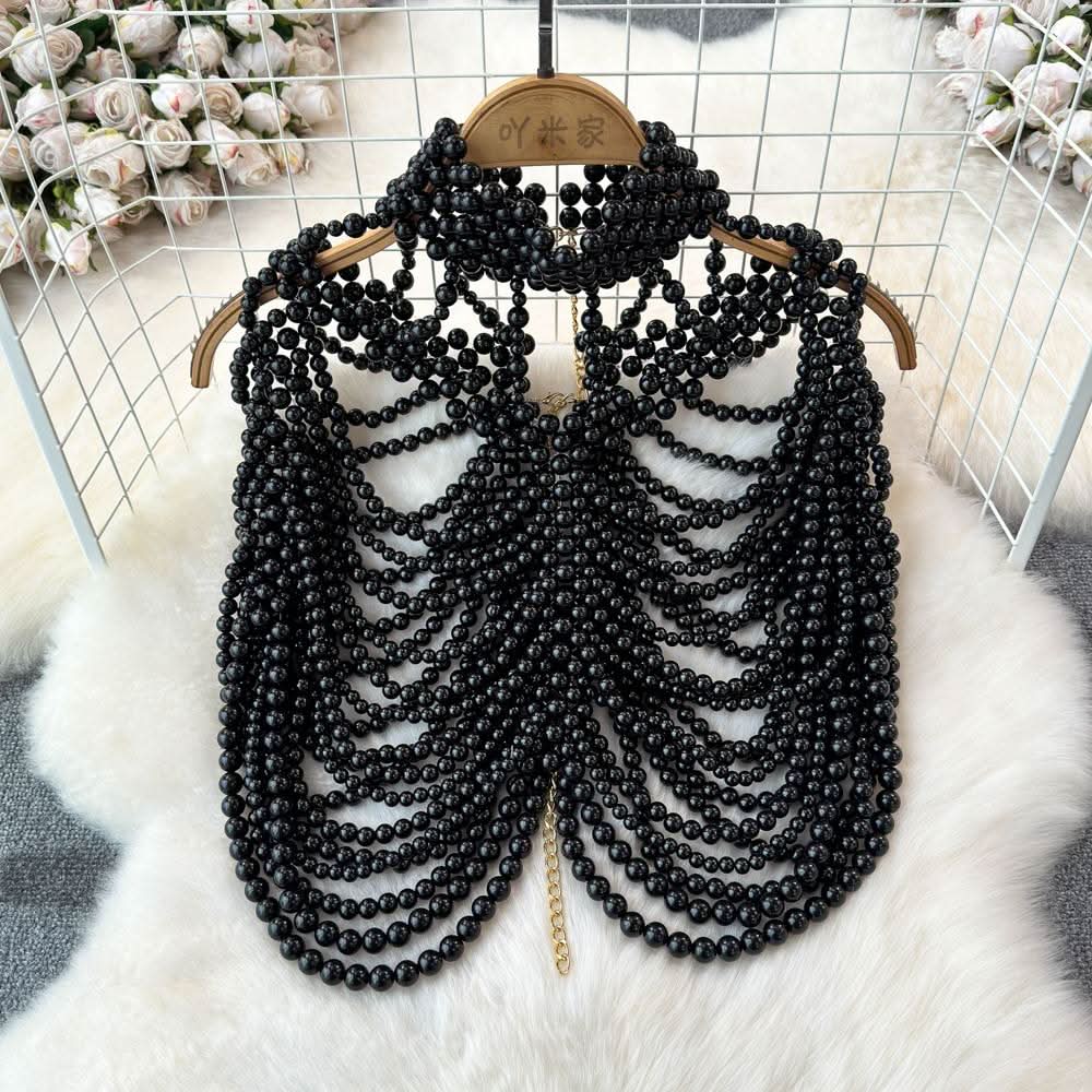 Beaded high neck hollow out metal chain cut out top  | Festival Outfits Women