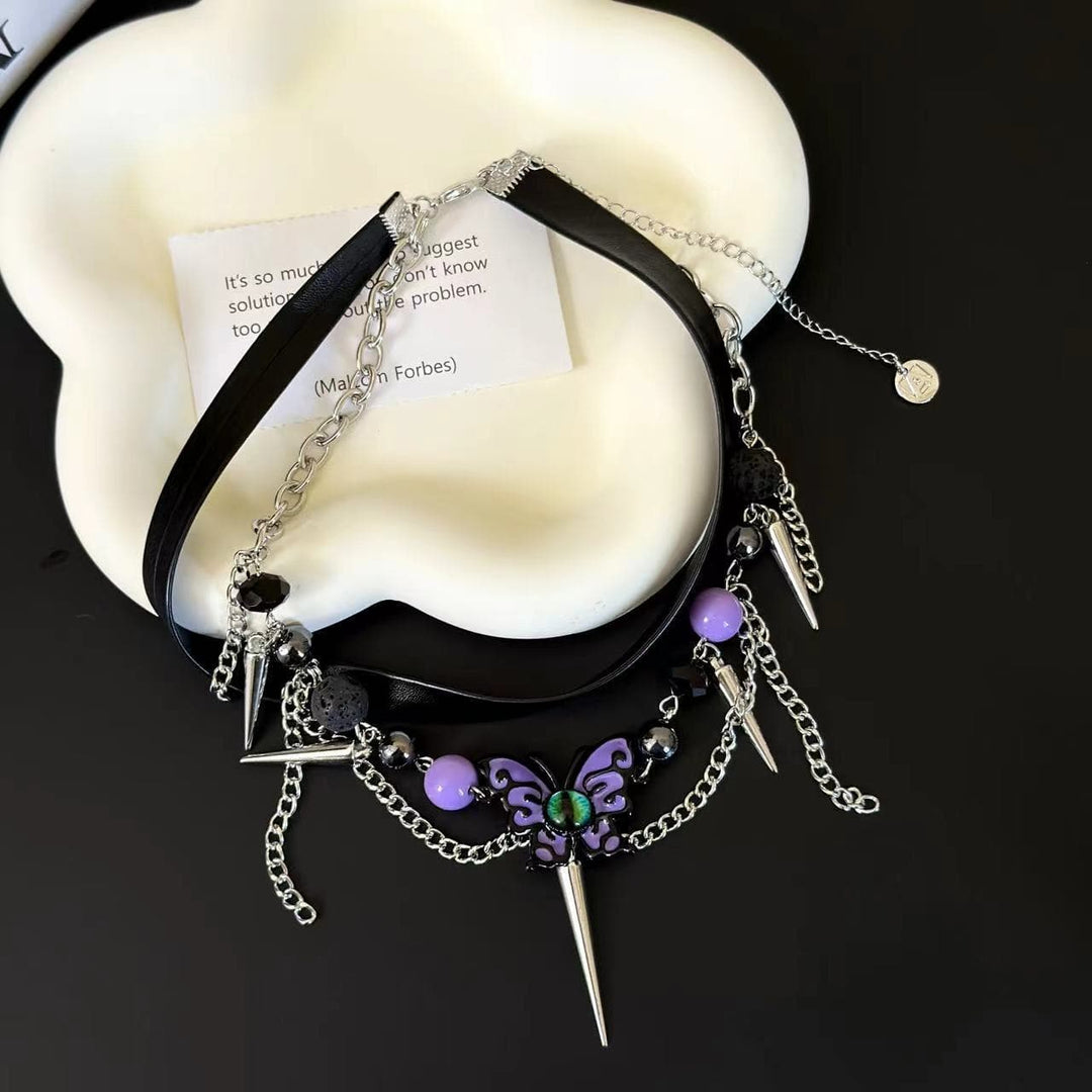 Purple butterfly layered rivet adjustable choker necklace  | Festival Outfits Women