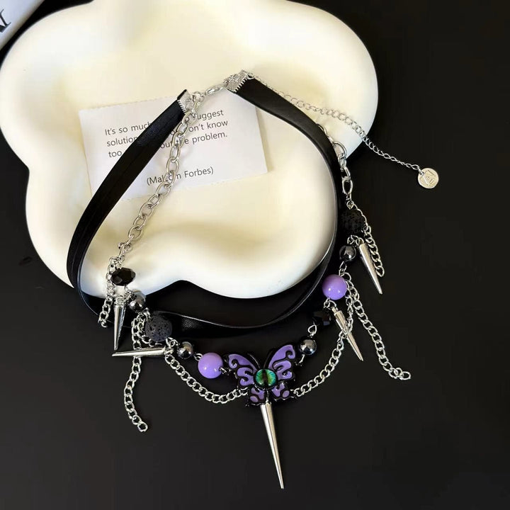Purple butterfly layered rivet adjustable choker necklace  | Festival Outfits Women