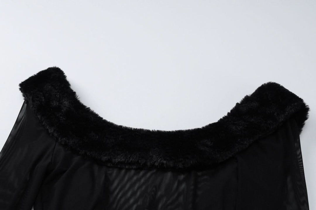 Long sleeve u neck fluffy mesh see through mini dress  | Festival Outfits Women