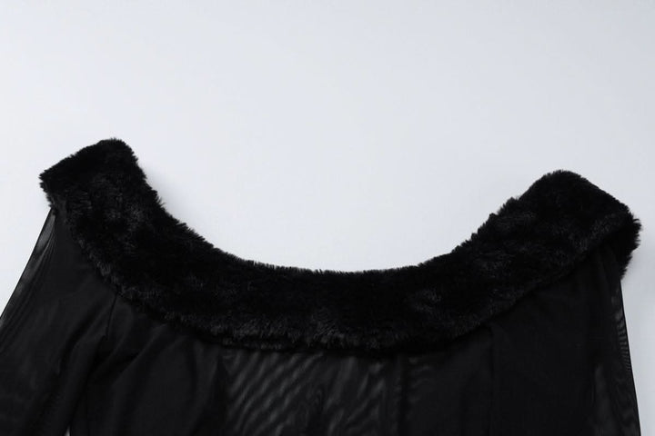 Long sleeve u neck fluffy mesh see through mini dress  | Festival Outfits Women