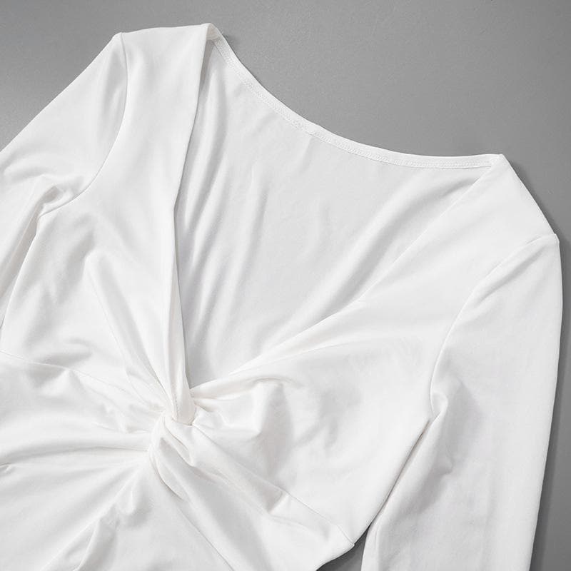 Long flared sleeve ruched v neck solid mini dress  | Festival Outfits Women