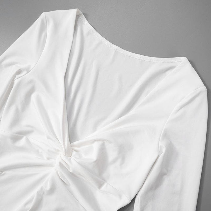 Long flared sleeve ruched v neck solid mini dress  | Festival Outfits Women