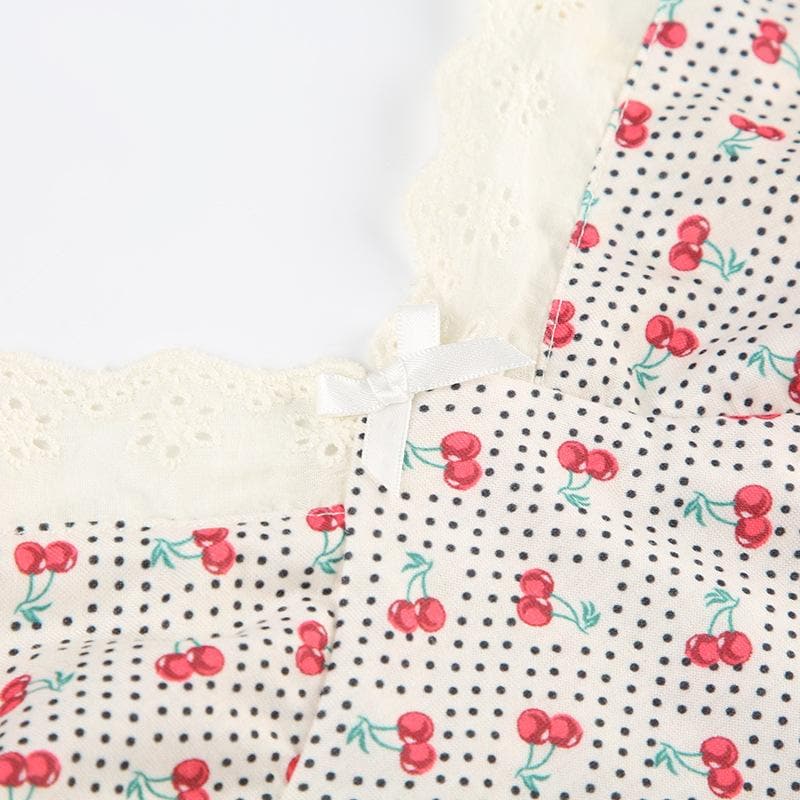 Tufafin V na wuyan ceri mai siffar bowknot lace mai launin polka dot cami | Kayan Biki na Mata