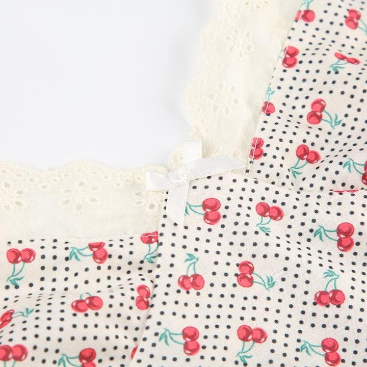 Tufafin V na wuyan ceri mai siffar bowknot lace mai launin polka dot cami | Kayan Biki na Mata