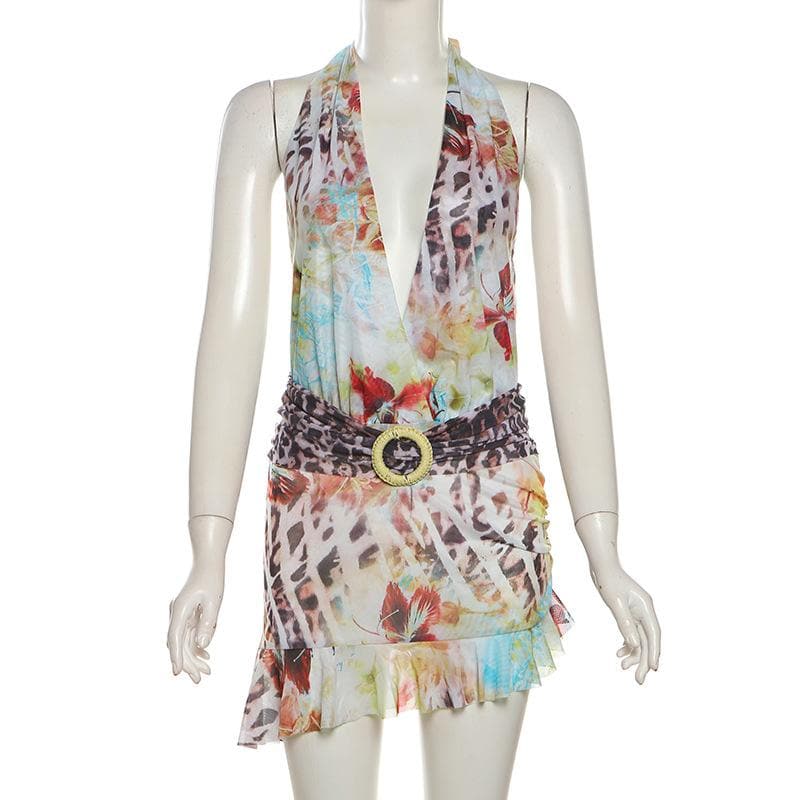 Irregular halter deep V neck print sheer mesh mini dress  | Festival Outfits Women-final-sale