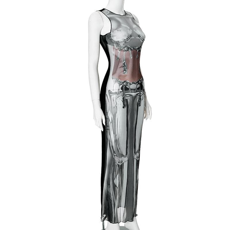Sleeveless crewneck body print sheer mesh maxi dress  | Festival Outfits Women