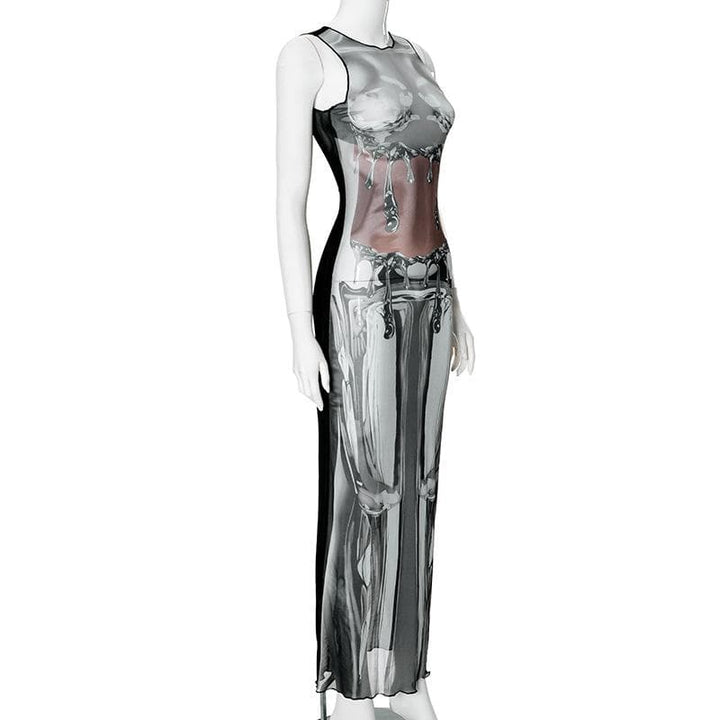 Sleeveless crewneck body print sheer mesh maxi dress  | Festival Outfits Women