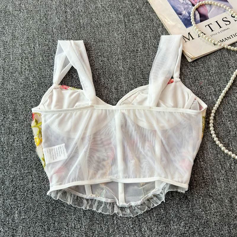 Flower embroidery bustier mesh cami top  | Festival Outfits Women