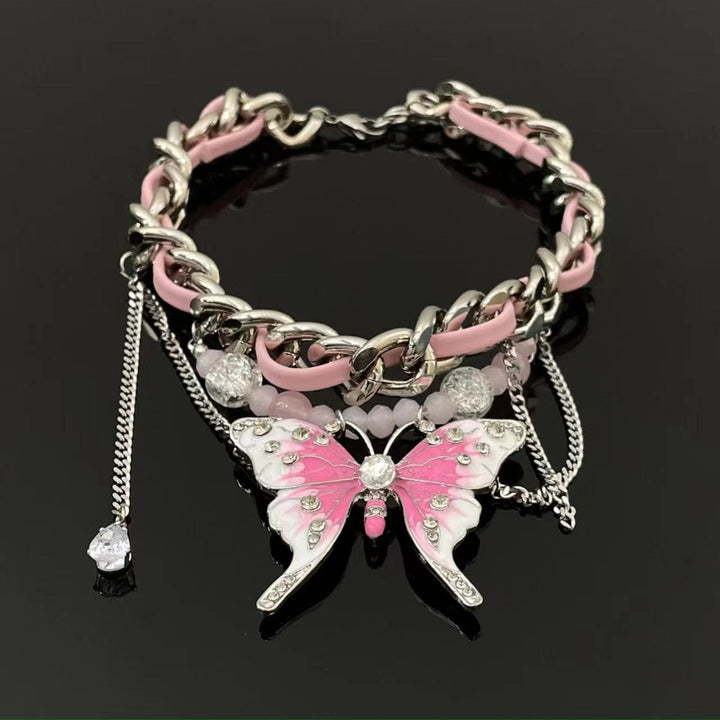 Pink butterfly beaded PU leather choker necklace  | Festival Outfits Women
