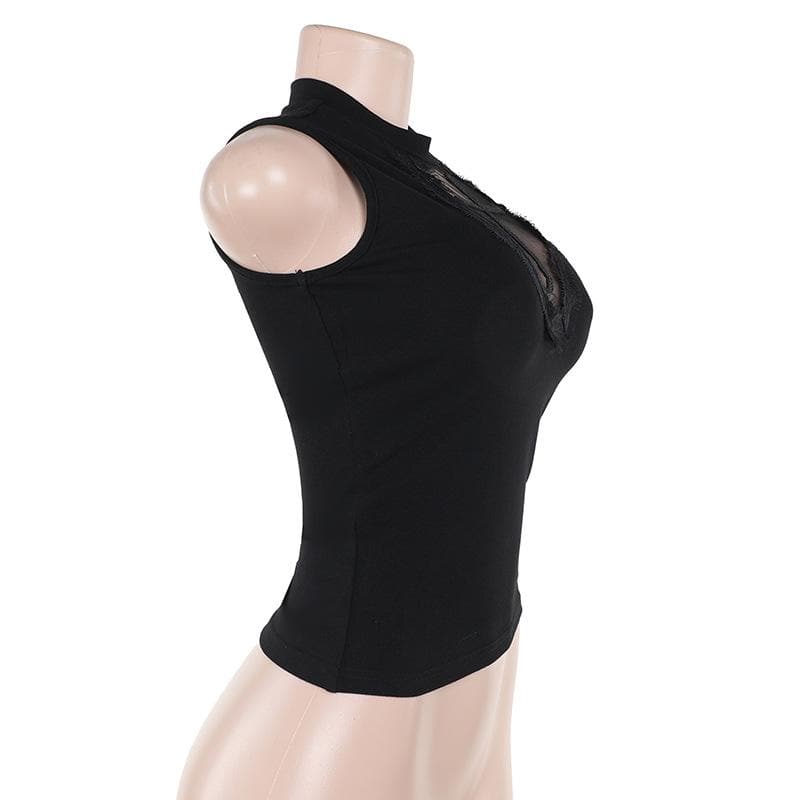 Sleeveless crewneck cross pattern solid top  | Festival Outfits Women