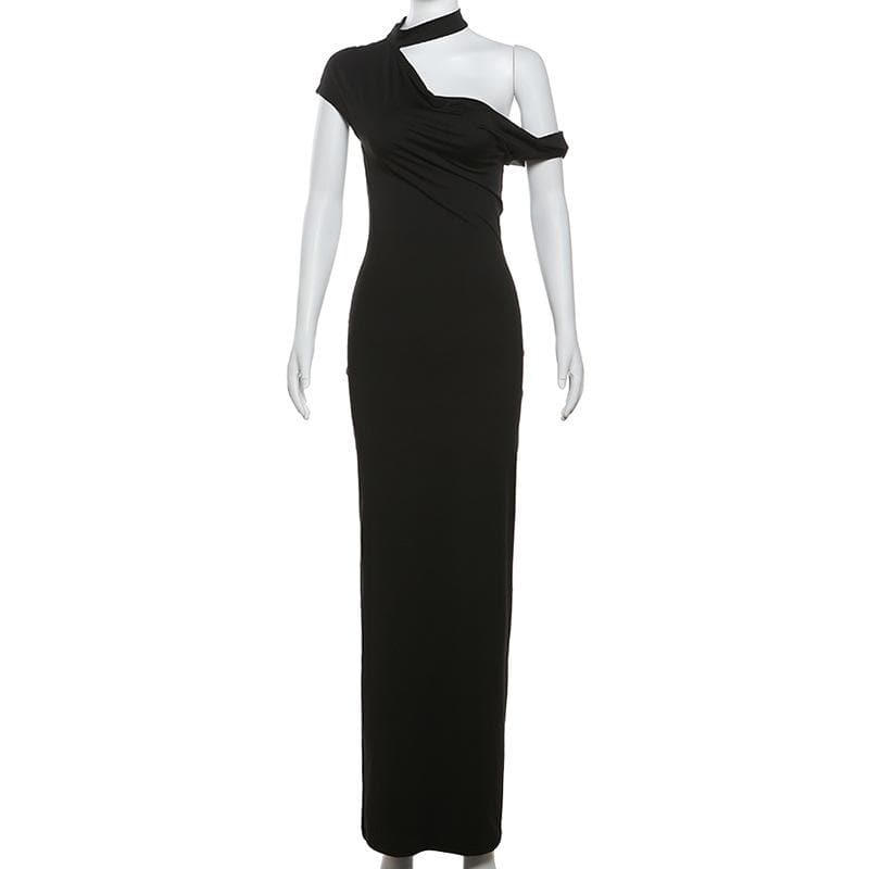 Short sleeve halter one shoulder irregular maxi dress  | Festival Outfits Women