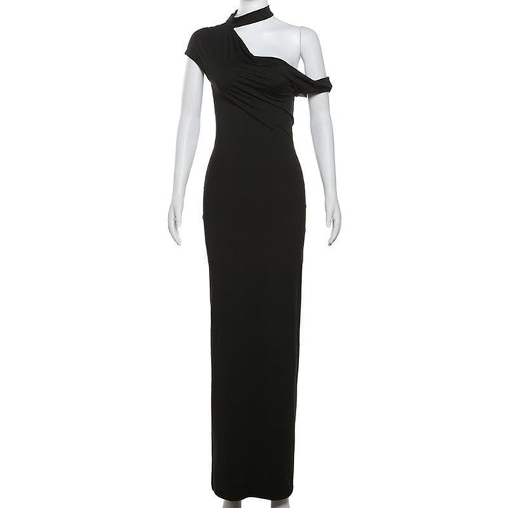 Short sleeve halter one shoulder irregular maxi dress  | Festival Outfits Women