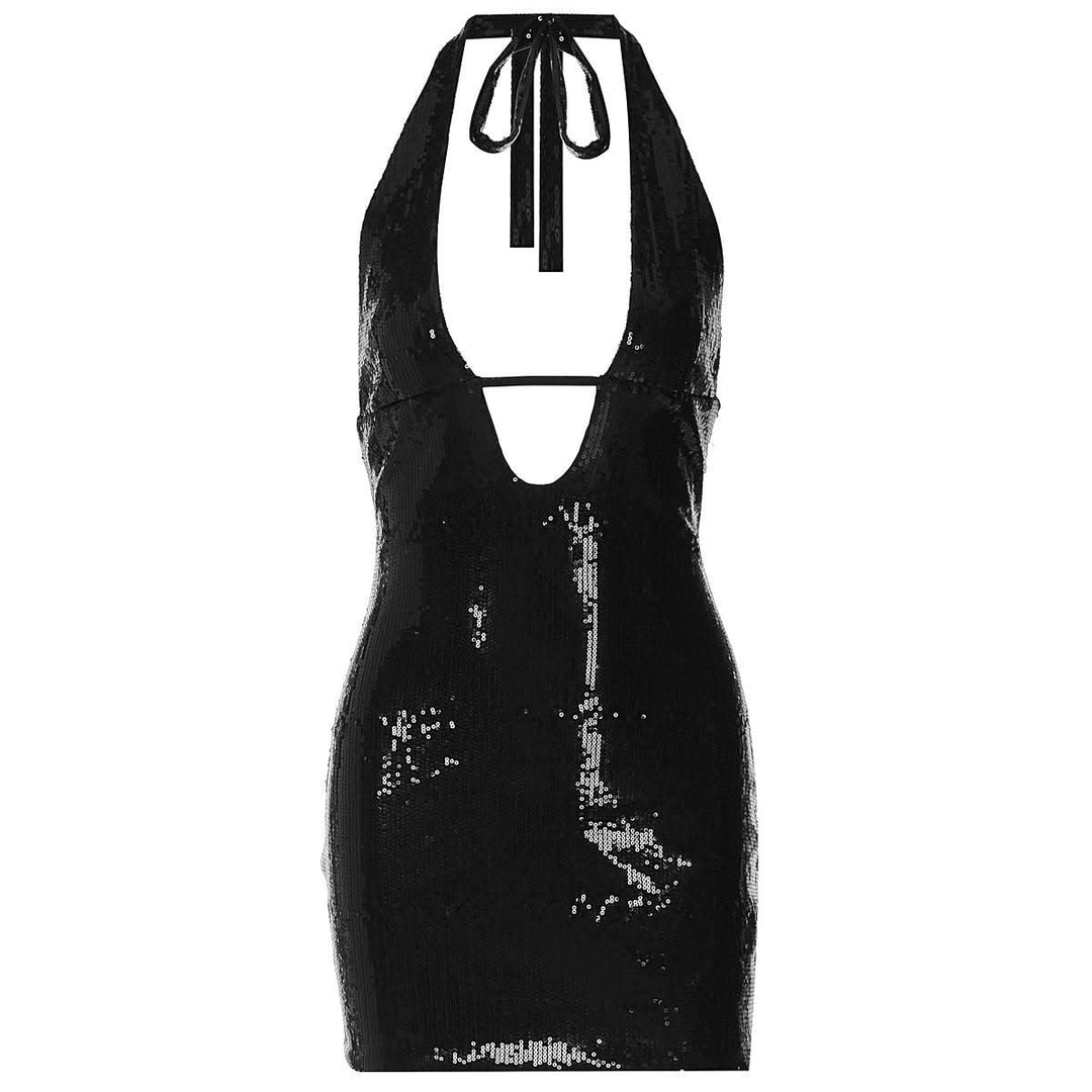 Halter v neck glitter backless mini dress  | Festival Outfits Women-final-sale