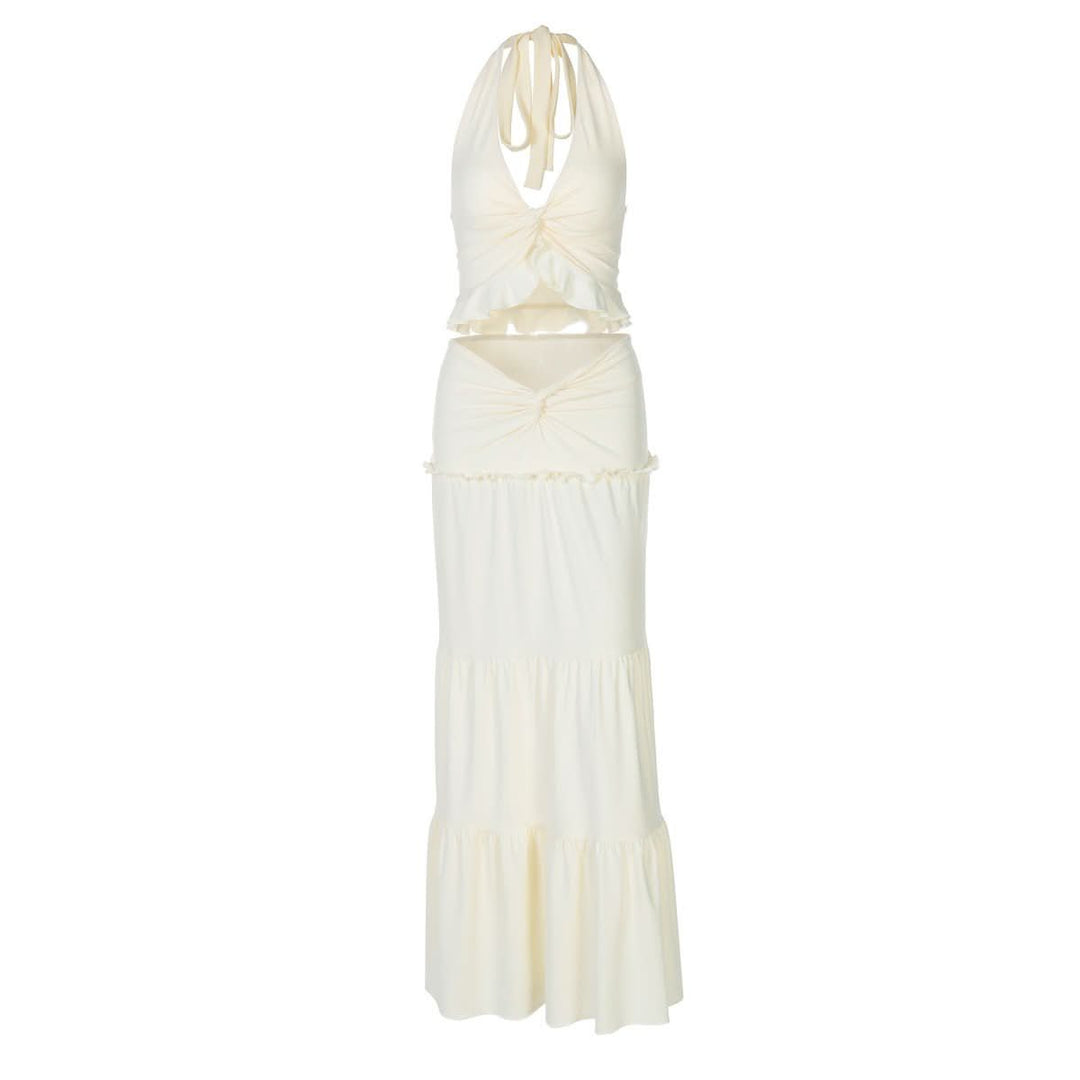 Halter v neck ruffle ruched maxi dress skirt set | Festival Outfits Wo Halibuy Halter v neck ruffle ruched maxi dress skirt set | Festival Outfits Wo Halibuy