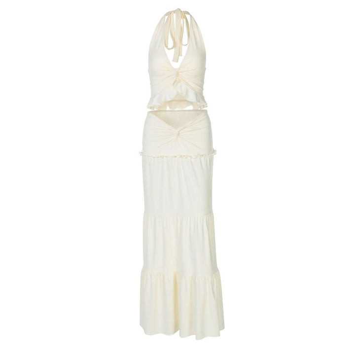 Halter v neck ruffle ruched maxi dress skirt set  | Festival Outfits Women