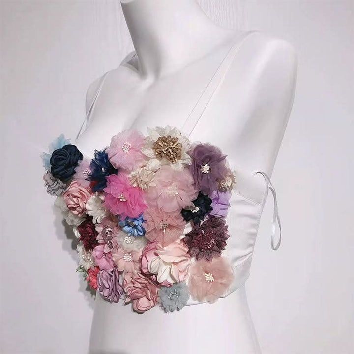 Flower applique v neck button contrast cami top  | Festival Outfits Women