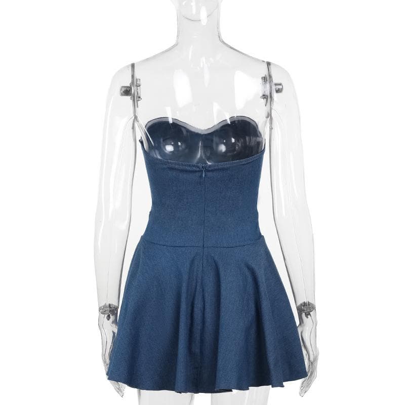 Denim sweetheart neck stitch ruched tube mini dress  | Festival Outfits Women
