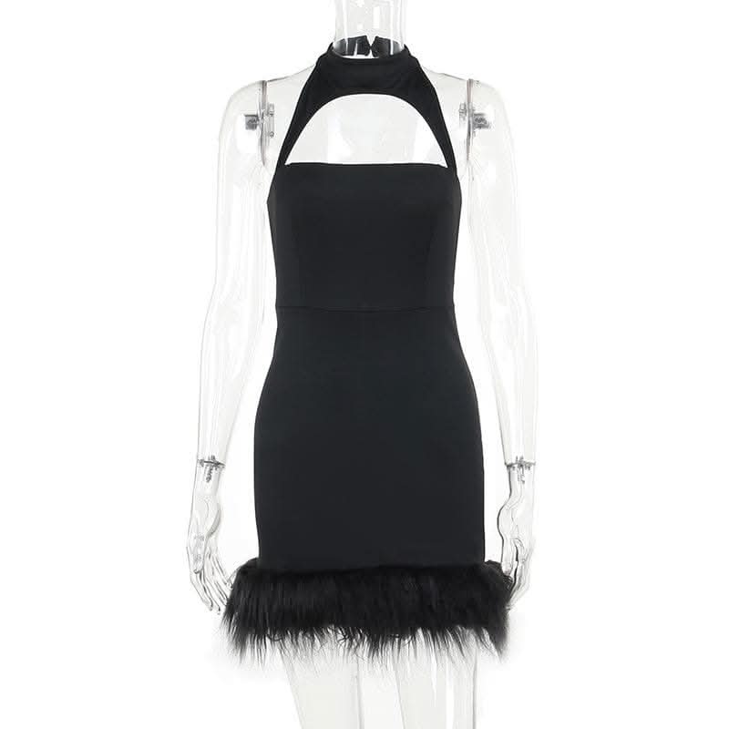 Hollow out halter fluffy backless button solid cut out mini dress-final-sale  | Festival Outfits Women