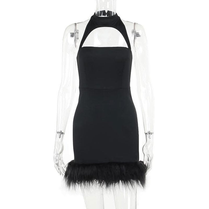 Hollow out halter fluffy backless button solid cut out mini dress-final-sale  | Festival Outfits Women