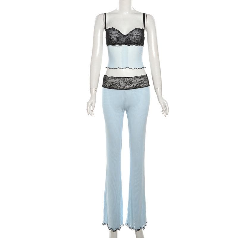 Lace mesh ruffle sweetheart neck cami pant set  | Festival Outfits Women