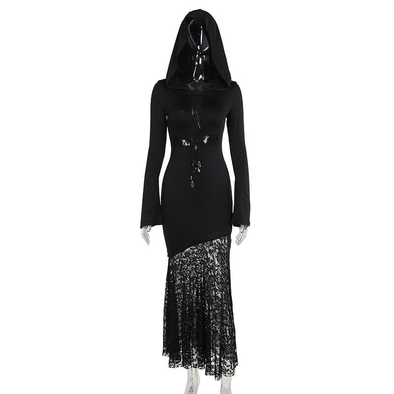 Long sleeve hoodie lace hem cross pattern maxi dress  | Festival Outfits Women