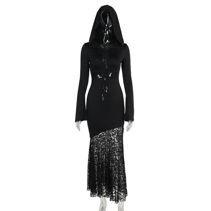 Long sleeve hoodie lace hem cross pattern maxi dress  | Festival Outfits Women