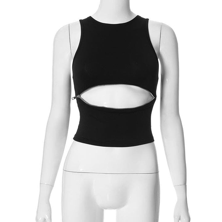Crewneck zip-up hollow out solid tank cut out top-final-sale