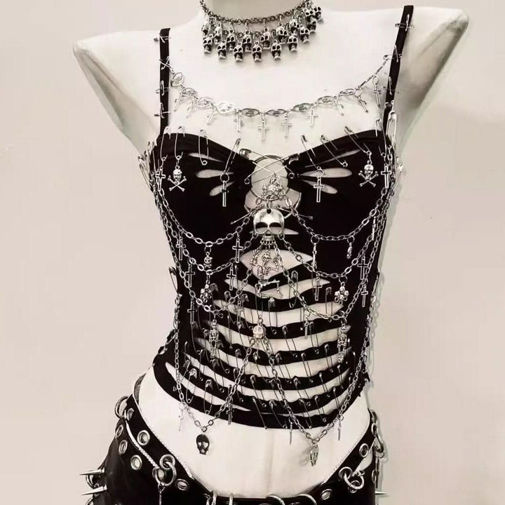 Hollow out metal chain skull applique o ring cami cut out top  | Festival Outfits Women