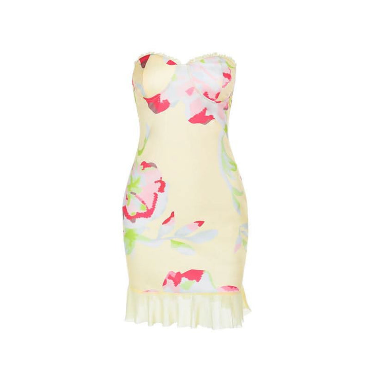 Mesh flower print sweetheart neck tube mini dress  | Festival Outfits Women