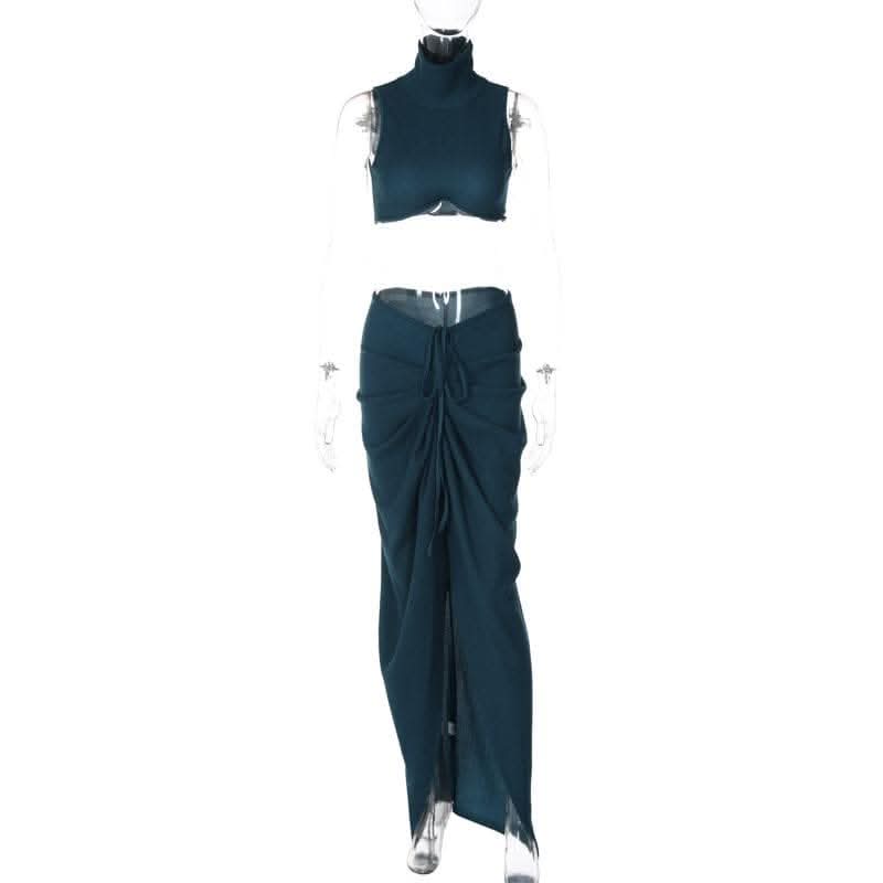 Slit textured sleeveless high neck ruched solid maxi skirt set-final-sale  | Festival Outfits Women