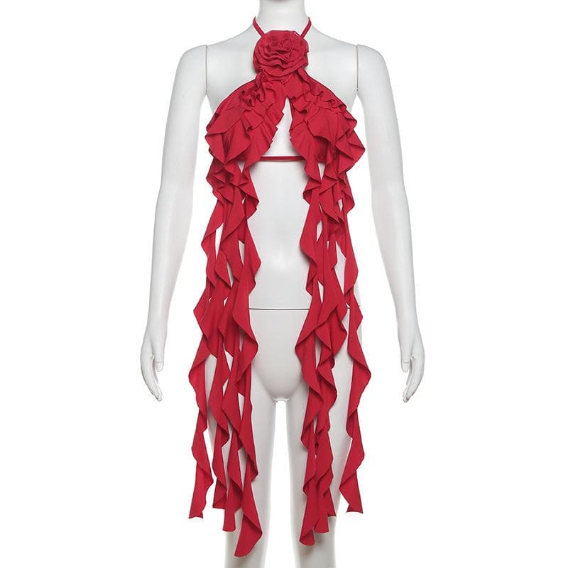 Halter flower applique ruffle backless top-final-sale