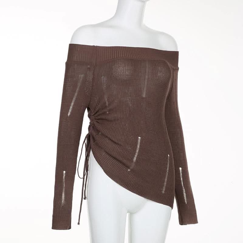 Crochet hollow out solid drawstring off shoulder top-final-sale  | Festival Outfits Women