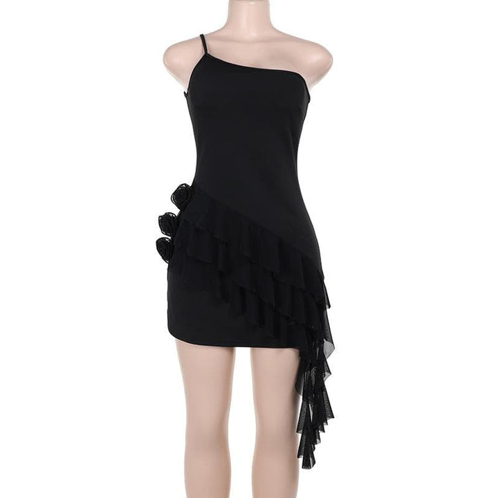 One shoulder ruffle flower applique mini dress  | Festival Outfits Women