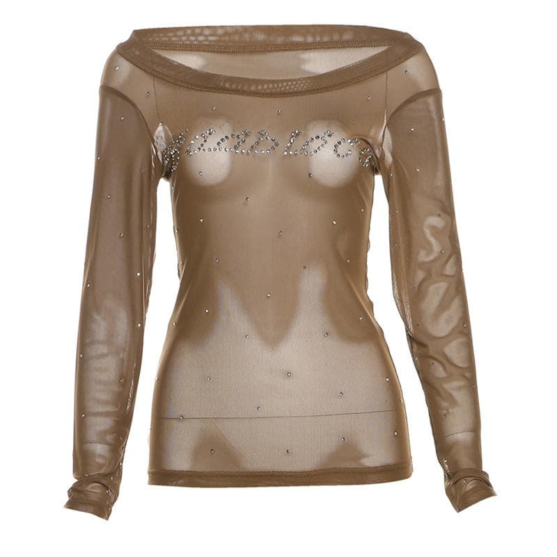Off shoulder long sleeve beaded sheer mesh solid top  | Festival Outfits Women