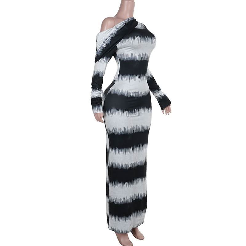 Irregular long sleeve one shoulder striped maxi dress-final-sale  | Festival Outfits Women