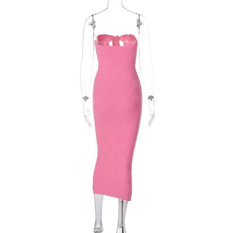 Hollow out knitted backless self tie solid textured tube cut out maxi dress-final-sale  | Festival Outfits Women