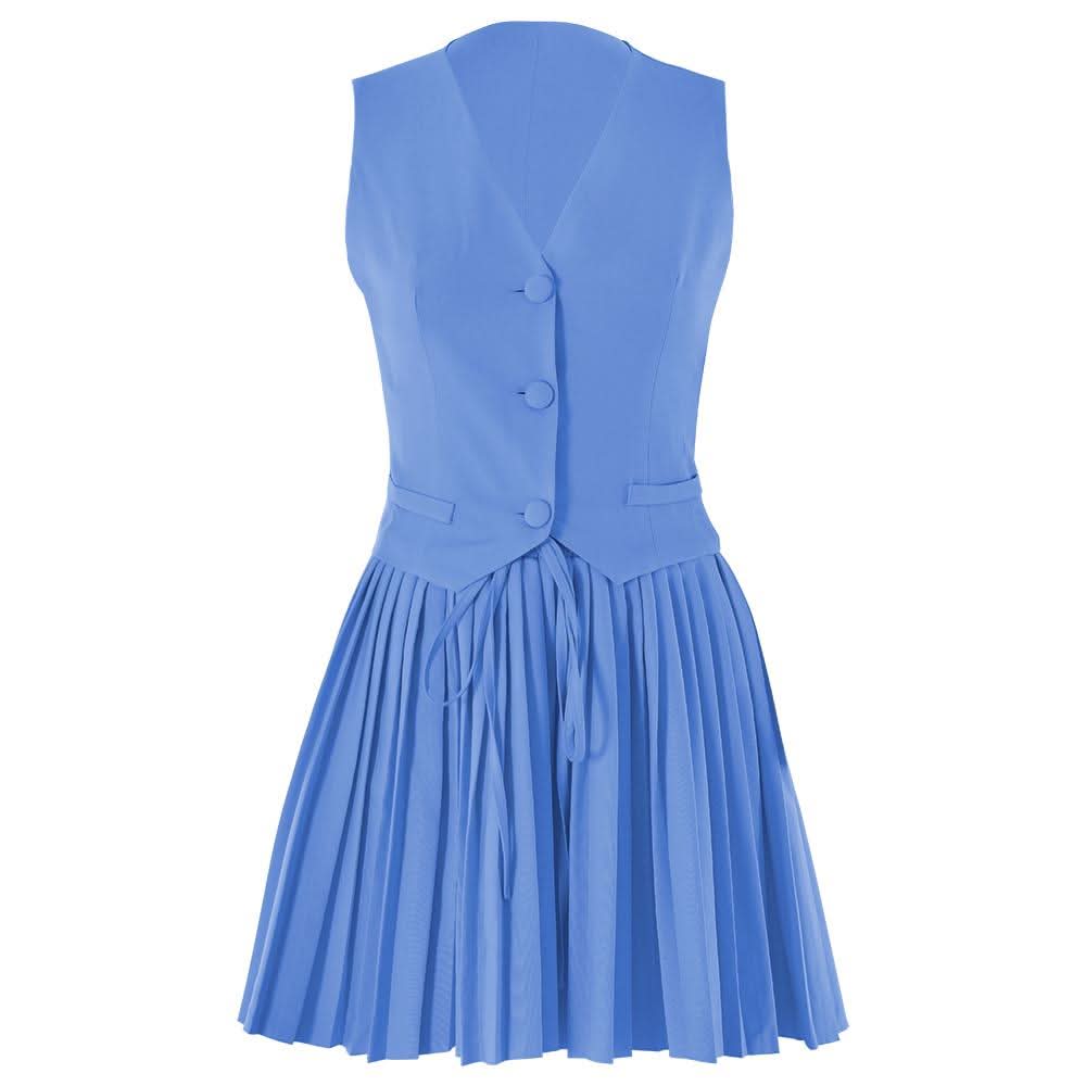 Pleated deep V neck button self tie solid mini skirt set  | Festival Outfits Women
