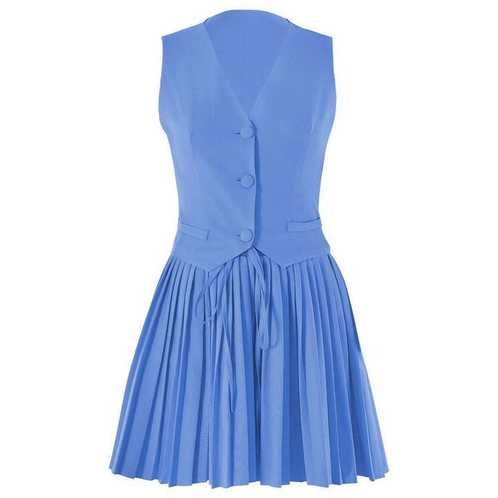 Pleated deep V neck button self tie solid mini skirt set  | Festival Outfits Women