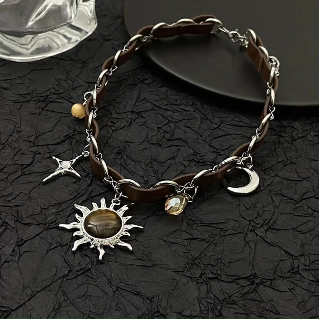 The sun moon cross o ring PU leather choker necklace  | Festival Outfits Women