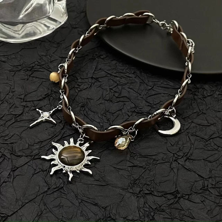 The sun moon cross o ring PU leather choker necklace  | Festival Outfits Women