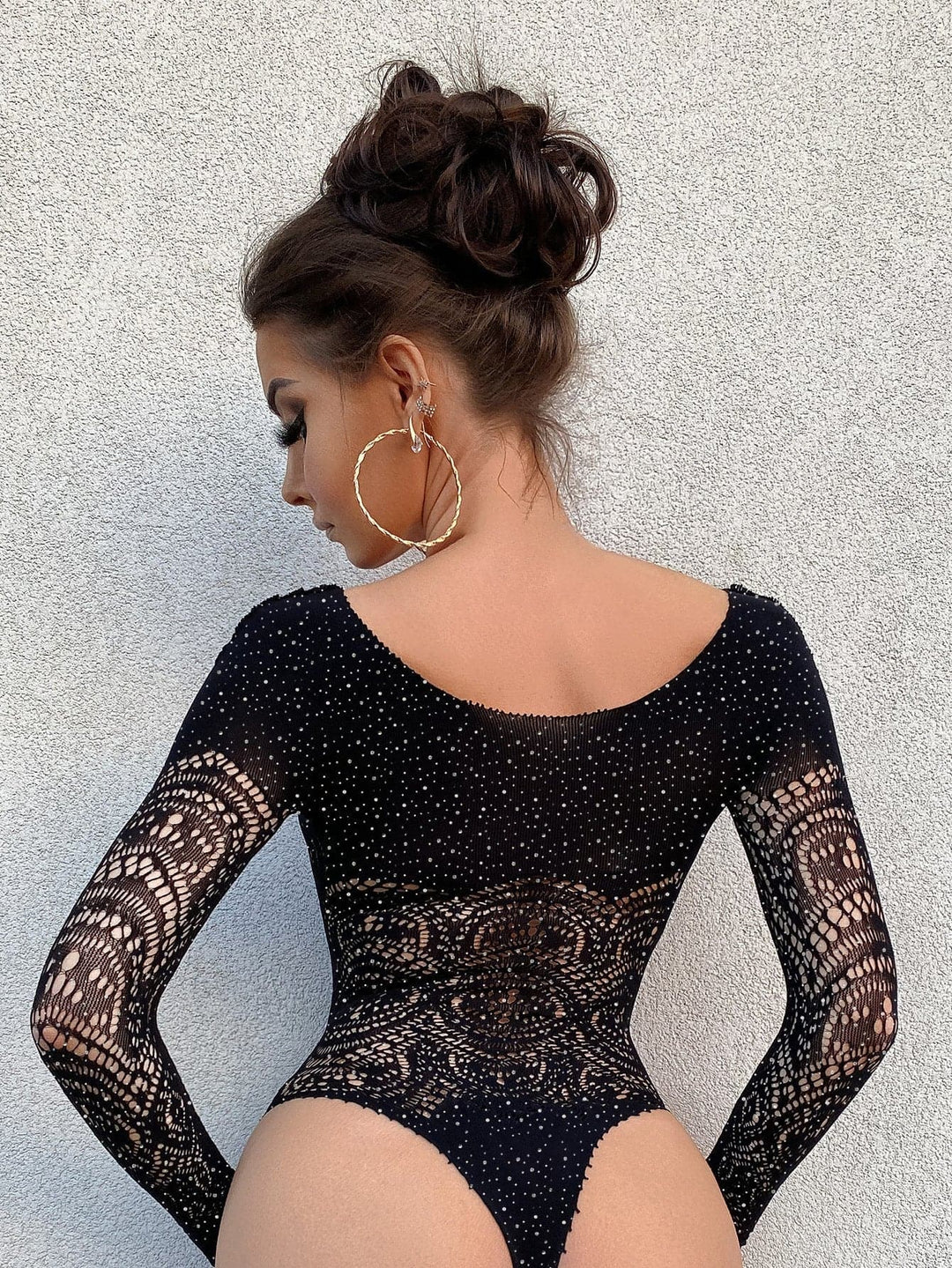 Long sleeve net rhinestone backless bodysuit  | Festival Outfits Women
